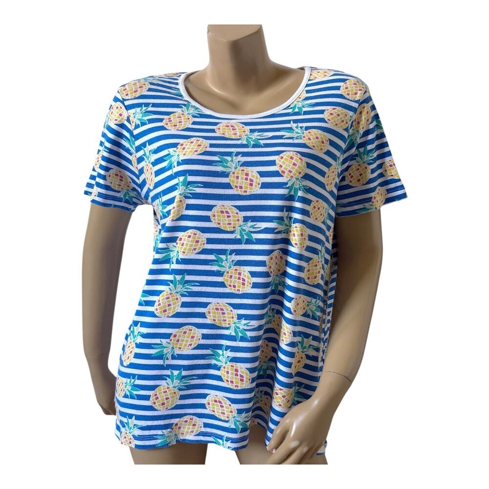 Time and Tru T Shirt Womens XXL 20 Blue White Stripe Pineapple Print Cotton Tee